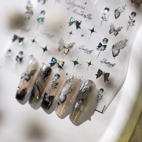 Butterfly Rose Nail Art Stickers Holographic Laser Self Adhesive Decals Gothic Manicure Decoration Elegant