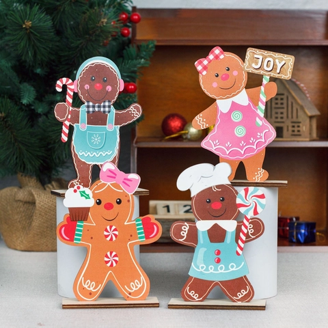 Christmas Tabletop Ornaments Wooden Gingerbread Man Santa Claus Snowman Gnome Festive Desktop Decoration Cartoon Style