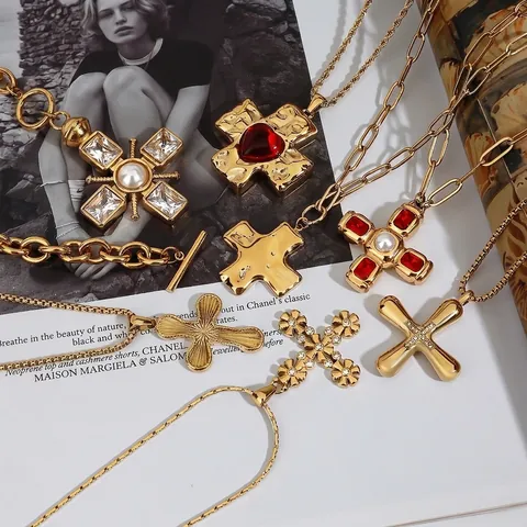 Vintage Roestvrij Stalen Kruis Hanger Halsketting Voor Vrouwen Verguld Strass Kunstparel Sleutelbeen Ketting Sieraden