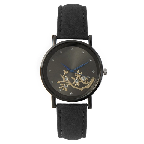 Women Fashion Watch Elegant Floral Dial Rhinestones Blue Hands Alloy Case Faux Leather Strap Quartz Wristwatch