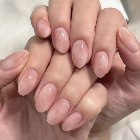 Press On Nails Pink Gradient Blush Style Short Round Glossy Jelly False Nails With Fine Silver Glitter For Women Daily Wear