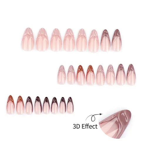 Almond Press On Nails 3D Swirl French Tip Maillard Brown Gradient Glossy Full Cover Artificial Fake Nails