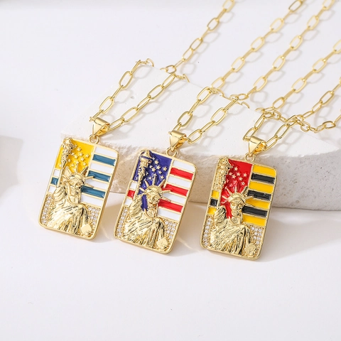 Collar Con Colgante Rectangular Estatua De La Libertad Cobre Bañado En Oro Esmalte Bandera Circón Cadena De Clip Para Mujer