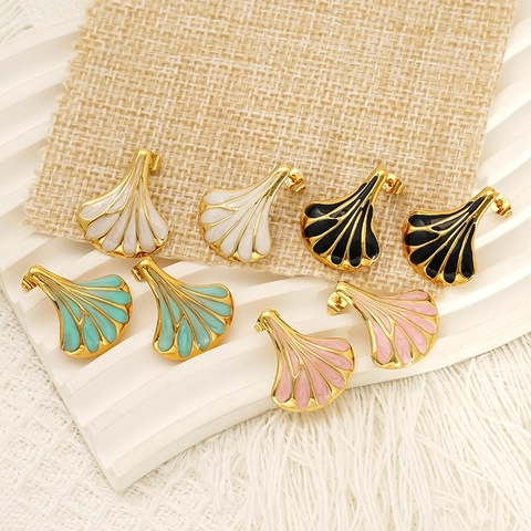 Fan Shaped Ginkgo Leaf Stud Earrings 304 Stainless Steel 18K Gold Plated Enamel Vintage Artistic Jewelry For Women