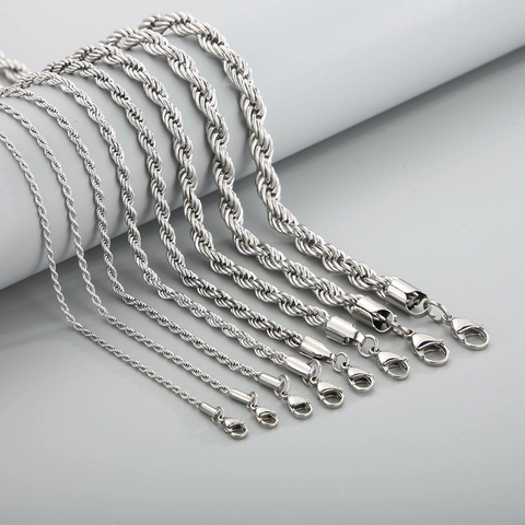 Stainless Steel Rope Chain Necklace Silver Color Twist Link Jewelry For Men Women Hip Hop Punk Rock Style