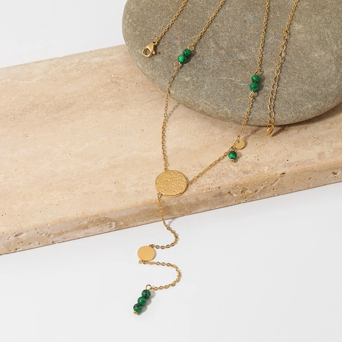 Collier Lariat En Acier Inoxydable Pour Femmes Perles De Malachite Verte Disque Rond Martelée Longue Chaîne De Pull Bohème