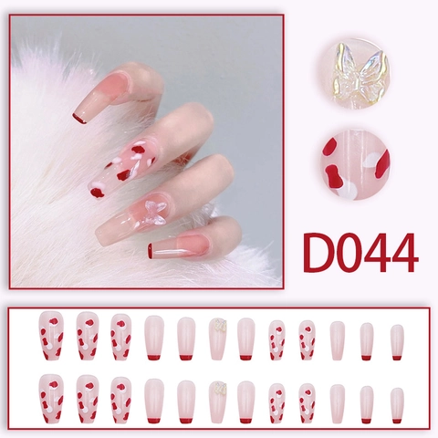 Long Square Press On Nails Sweet Red French Tip With 3D Butterfly And Graffiti Flowers Design Full Cover Fake Nails