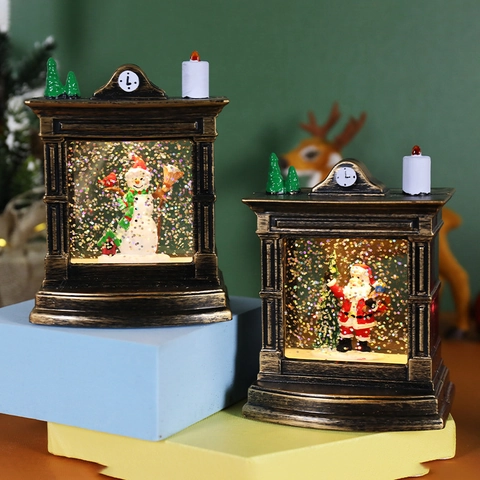 Palla Di Neve Di Natale Lanterna Ad Acqua LED Illuminata Stile Camino Vintage Orologio Babbo Natale Renna Decorazione