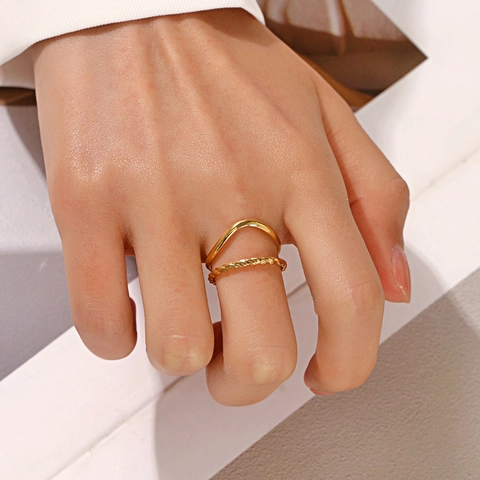Layered Wave And Twisted Rope Open Adjustable Ring Gold Plated Stainless Steel Niche Design For Women