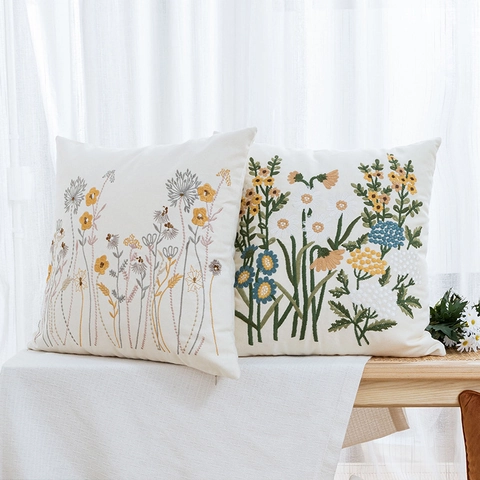 Kissenbezug Mit Blumenstickerei Baumwoll-Canvas Kissenhülle Wildblumenmuster Nordischer Pastoraler Landhausstil Dekoration