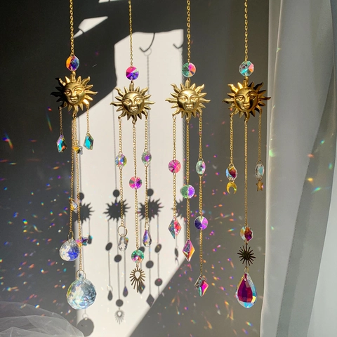Golden Sun Face Crystal Suncatcher Prism Wind Chime Rainbow Maker Metal Moon Star Garden Hanging Decor Bohemian