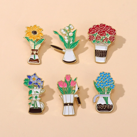 Cartoon Coffee Floral Enamel Brooch Pin Cute Alloy Rose Tulip Sunflower Coffee Pot Badge For Backpack Clothing Decoration Jewelry Gift