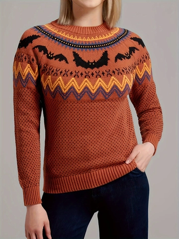 Halloween Fledermaus Jacquard Strickpullover Rundhalsausschnitt Langarm Retro Lockerer Lässiger Oberteil Für Damen Plus Size