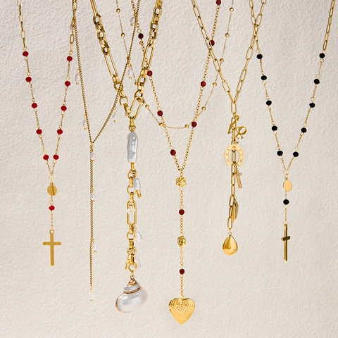 Mode Edelstahl Kreuz Anhänger Halskette Für Damen Gold Y-Kette Mit Künstlichen Perlen Strass Anhänger Schmuck