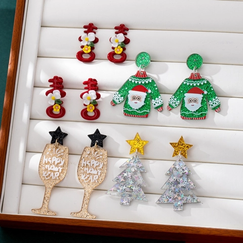 Boucles D'oreilles Arbre De Noël Acrylique Paillettes Pull Moche Verre Champagne Bijoux Vacances Pour Femmes Personnalisé Éclat Festif