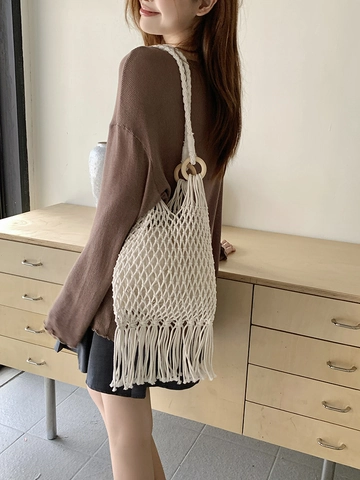 Handwoven Shoulder Bag Cotton Rope Macrame Tassel Hollow Out Beach Vacation Bohemian Style Handbag For Women Novelty