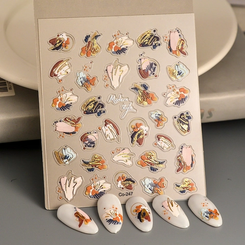 5D Embossed Nail Art Stickers Self Adhesive Modern Abstract Oil Painting Style Gold Stamping Morandi Color Manicure