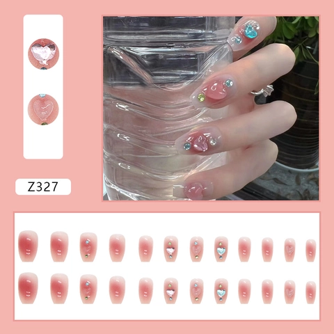 Uñas Postizas Ataúd Degradado Rosa Con Corazones 3D Que Cambian De Color Con La Luz Y Diamantes
