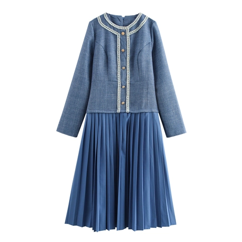 Elegantes Französisches Vintage Tweed Kleid Langarm Rundhals Künstliche Perlenbesetzt Lagenlook Plissiertes Maxikleid Für Damen