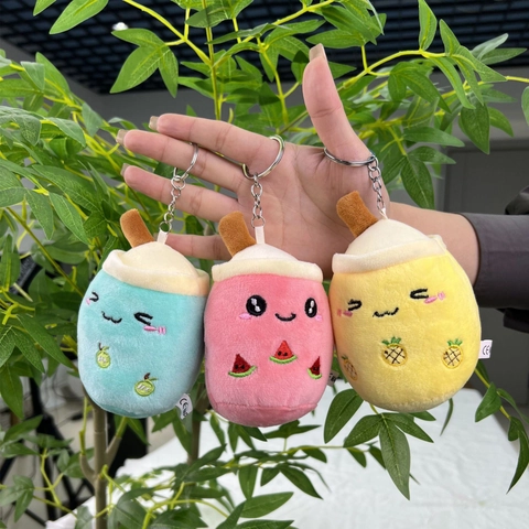 Cute Cartoon Milk Tea Cup Plush Toy Keychain Mini Boba Stuffed Doll Fruit Embroidery Bag Pendant Charm Key Ring Gifts