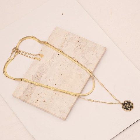 Collana In Acciaio Inossidabile Multistrato Placcato Oro Catena Serpente Piatta Smalto Croce Cuore Sole Ciondolo Per Donne