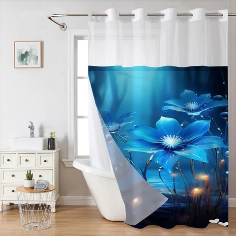 Shower Curtain Waterproof Polyester Waffle Fabric Hookless Large Ring Detachable Liner Mesh Top Bottom Magnets Floral