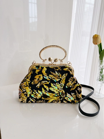 Sequin Evening Bag With Metal Tulip Handle Rhinestone Lock Retro Shell Handbag For Women Party Wedding Shoulder Purse