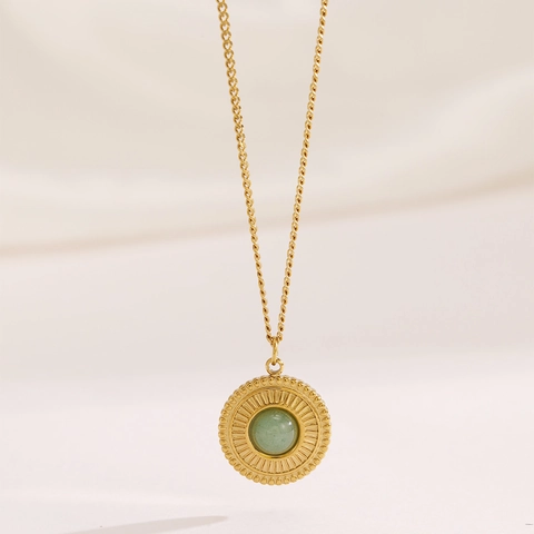 Vintage Böhmische Runde Anhänger Halskette Edelstahl Vergoldet Grüner Aventurin Sonnenschliff Damen Schmuck