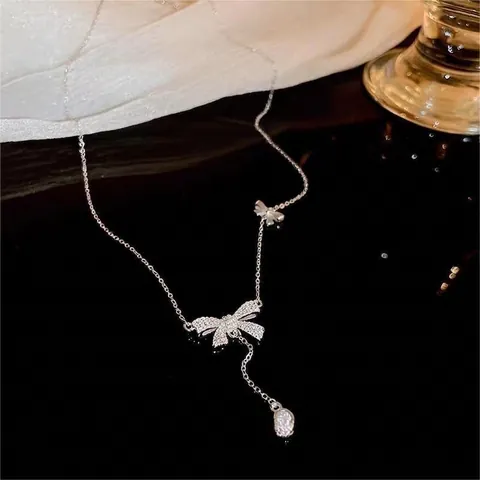 Collana Con Pendente a Fiocco in Argento Sterling S925 Con Zirconia e Nappa Per Donna Elegante Catena Da Clavicola Gioielli Regalo