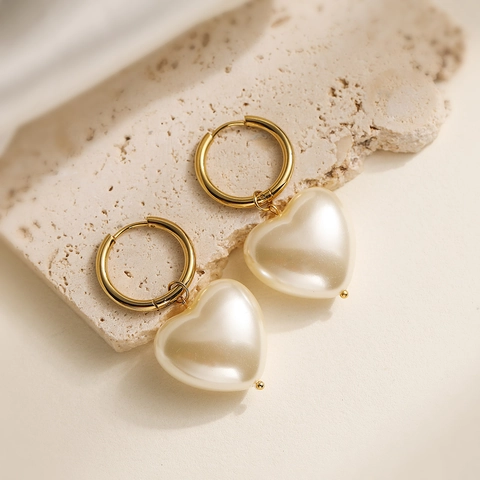 Stainless Steel 18K Gold Plated Heart Artificial Pearl Hoop Drop Earrings For Women Elegant Fashion Jewelry Gift