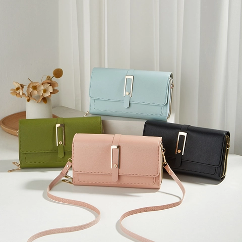 Women Crossbody Phone Bag PU Leather Multi Layer Zipper Card Slots Small Shoulder Handbag Envelope Minimalist Gold Buckle