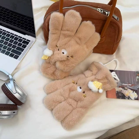 Sciarpa E Guanti Invernali In Peluche Orsetto Cartone Animato Accessorio Antivento In Pelliccia Sintetica Per Donne Studentesse