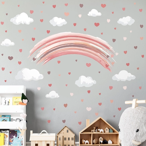 Adesivi Murali Arcobaleno Acquarello PVC Autoadesivi Cuore Nuvole Arredo Per Cameretta Bambini Stile Nordico