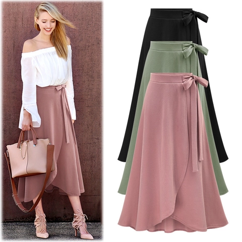 Women High Waist Irregular Wrap Midi Skirt Casual Solid Side Tie A-Line Split Plus Size Knitted Long Skirt Streetwear