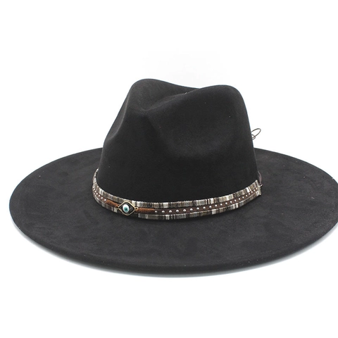 Western Cowboy Fedora Hat Suede Polyester Felt Evil Eye Pendant Rivet Braided Band Bohemian Ethnic Jazz Cap Women Men