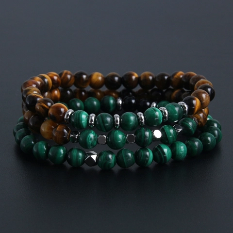 Natural Tiger Eye Malachite Beaded Bracelet Elastic Stainless Steel Spacers Geometric Trendy Jewelry Gift For Men Women