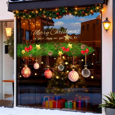 Christmas Window Clings Static Stickers PVC Removable Double Sided Pine Branch Ornaments Decor For Glass Showcase