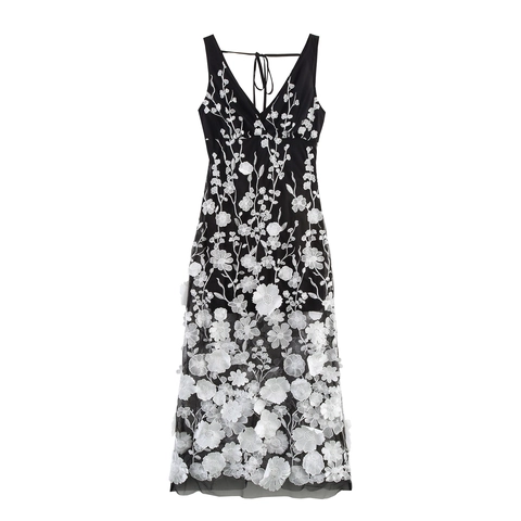 Sexy Maxi Jurk Met Diepe V-Hals Camisole Polyester Mesh Met 3D Bloemig Borduurwerk Vetersluiting Achter Hoge Taille Elegant Dames