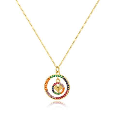 Halskette Mit Regenbogen Zirkonia Herzanhänger 18K Vergoldetes Kupfer Doppelkreis Schlüsselbeinkette Für Damen