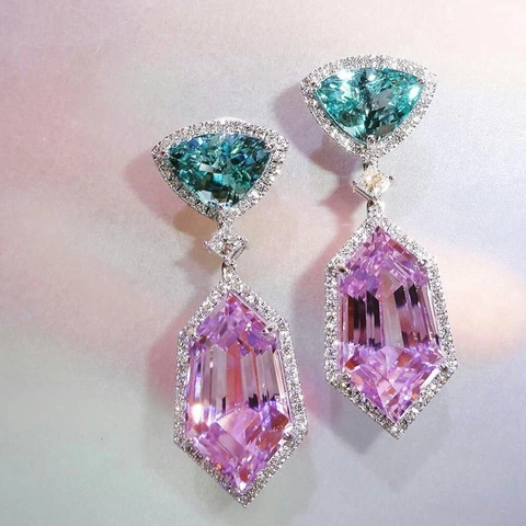Orecchini Pendenti Multistrato Base Rame Zircone Rosa Verde Geometrico Gioielli Lusso Matrimonio Donne