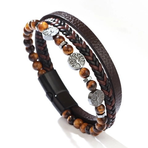 Bracelet Homme Vintage en Pierre Oeil de Tigre Multi-rangs Tressé en Cuir PU Arbre de Vie Boucle Magnétique Bijoux