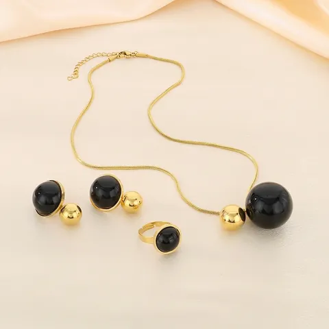 Gioielli In Acciaio Inossidabile Placcato Oro 18K Collana Orecchini E Anello Geometrico Smalto Nero Perla Artificial Sintetica Moda Donna Minimalista