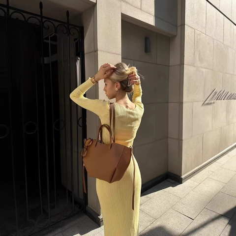 Ribbed Knit Long Sleeve Round Neck Top And Maxi Skirt Lettuce Trim Solid Color Casual Elegant Women Outfit