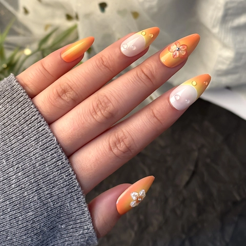 Orange Gradient Almond Shape Press On Nails With 3D Floral And Water Drop Decorations For Women French Style