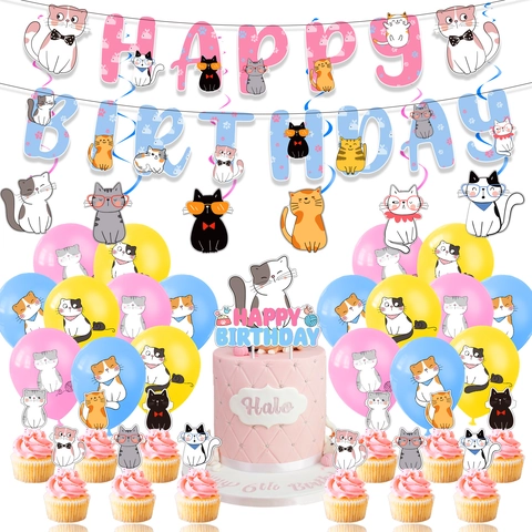 Forniture Decorazione Festa Compleanno Tema Gatto Banner Carta Topper Torta Palloncini Lattice Spirali Appese Carino Cartone Animato Per Bambini