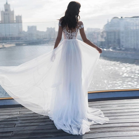 Hochzeitskleid Spitze Schulterfrei Hoher Schlitz Lange Schleppe Brautkleid Elegant Rückenfrei Mesh Für Damen Elfenbein