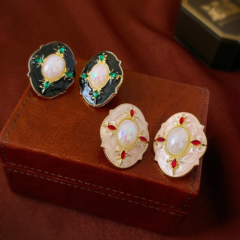 Pendientes De Botón Ovalados Estilo Palacio Francés Vintage Para Mujer Barroco Aleación Imitación Perla Artificial Esmalte Con Poste de Plata