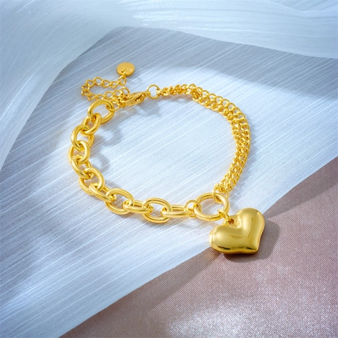 Bracciale Ciondolo Cuore Oro Acciaio Inossidabile Catena Mista Gioielli Hip Hop Per Donna