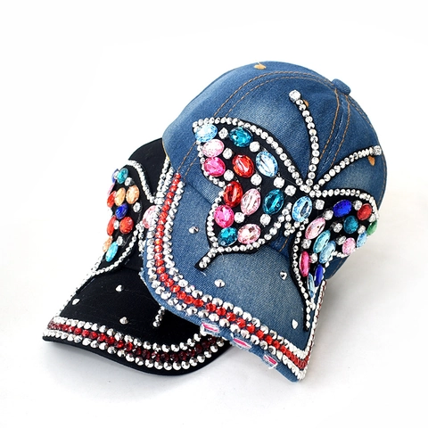 Cappello Da Baseball Farfalla Strass Cotone Denim Lucido Protezione Solare Regolabile Moda Streetwear Berretto Donne