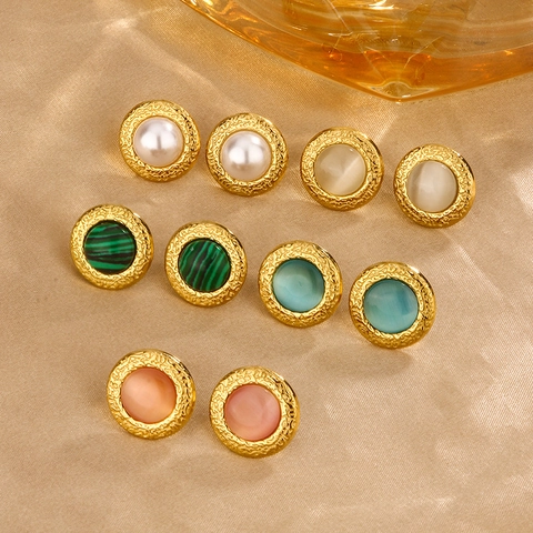 French Retro 18K Gold Plated Titanium Steel Geometric Round Stud Earrings With Artificial Pearl Cat Eye Stone For Women